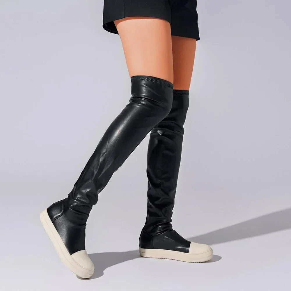Women Black Polyurethane (PU) Flat Over The Knee Round Toe Thigh High Boots